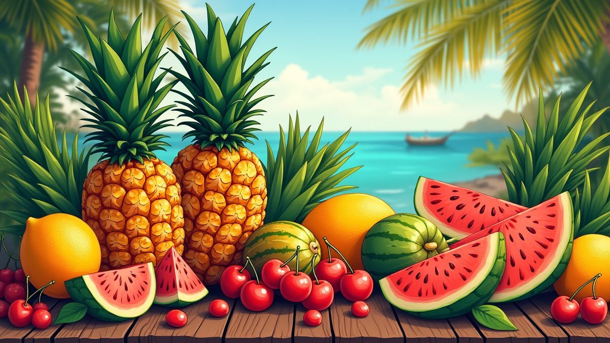 Tropical fruits on a tiki-themed table.