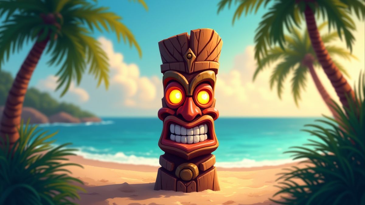 Tiki totem with glowing eyes and tropical beach background.