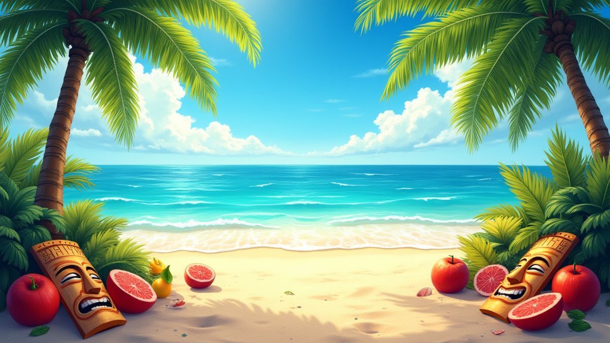 Zonnig strand met palmbomen, levendige vruchten en tiki maskers.