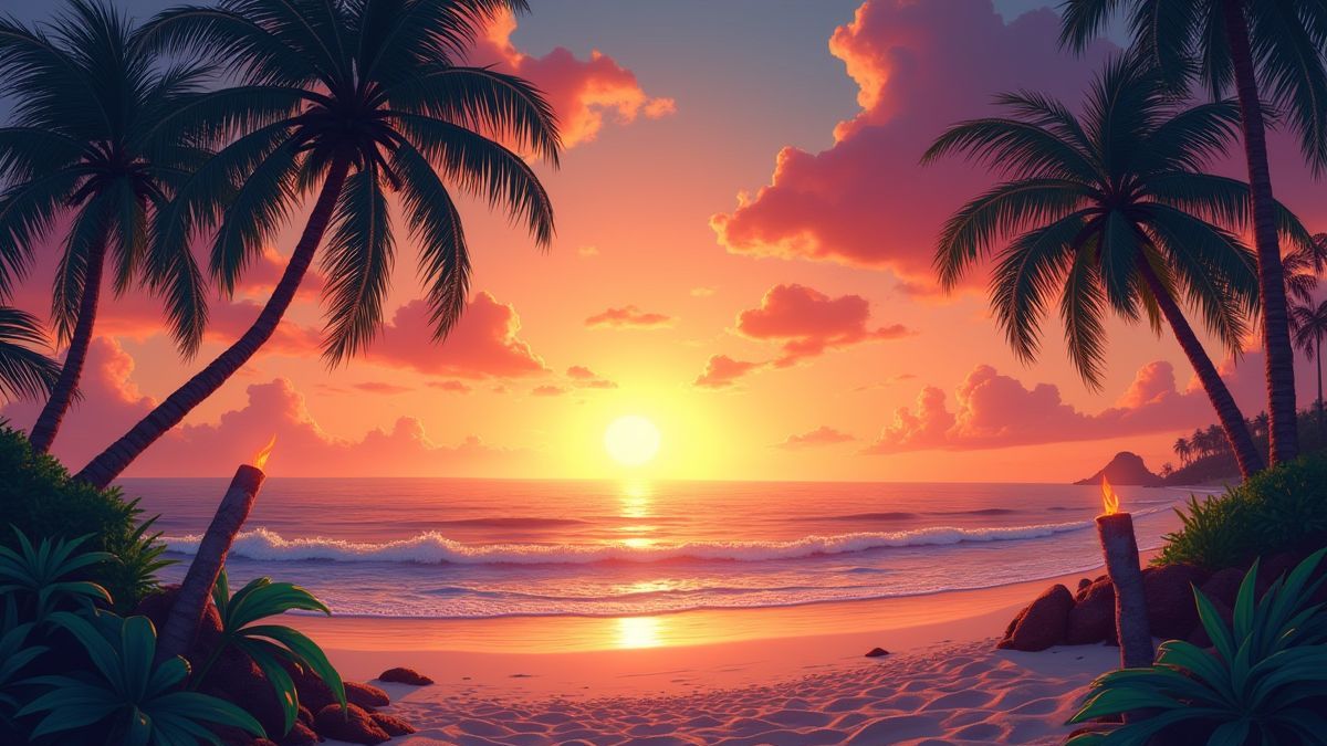 Playa tropical al atardecer con palmeras y antorchas tiki.