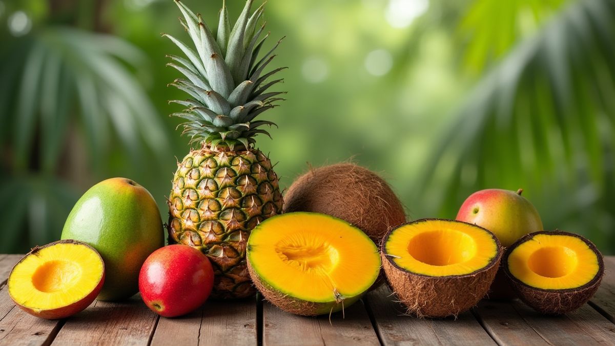Exotic tropical fruits on a wooden table.