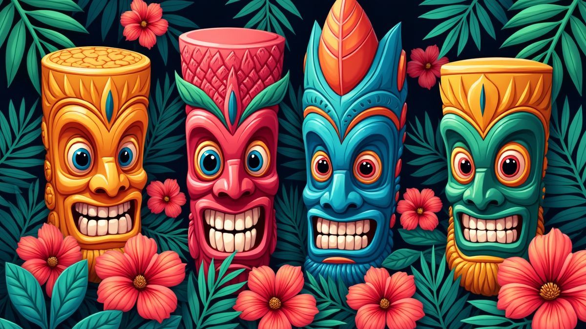 Máscaras tiki coloridas rodeadas de flores tropicales y hojas de palma.