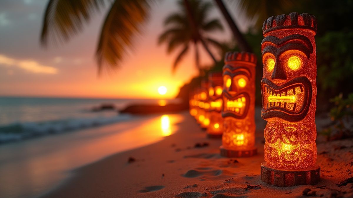 Estatuas tiki doradas brillando en una playa tropical al atardecer.