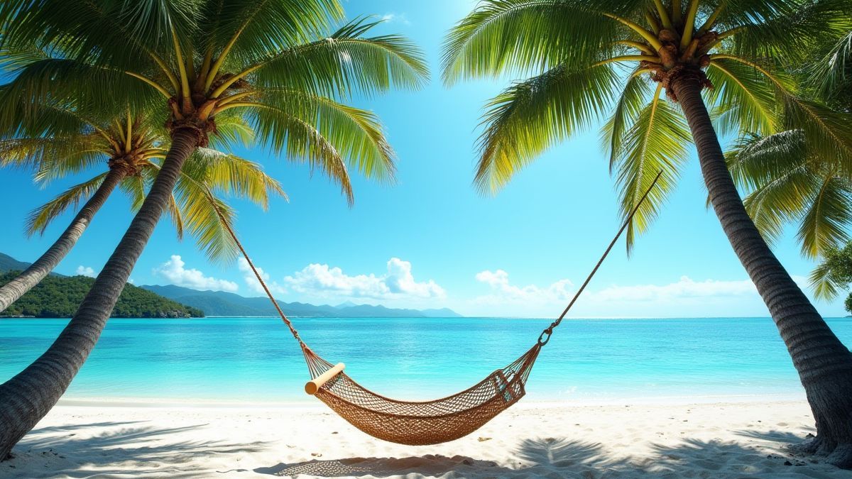 Una isla tropical polinesia con una hamaca entre palmeras y un océano azul.
