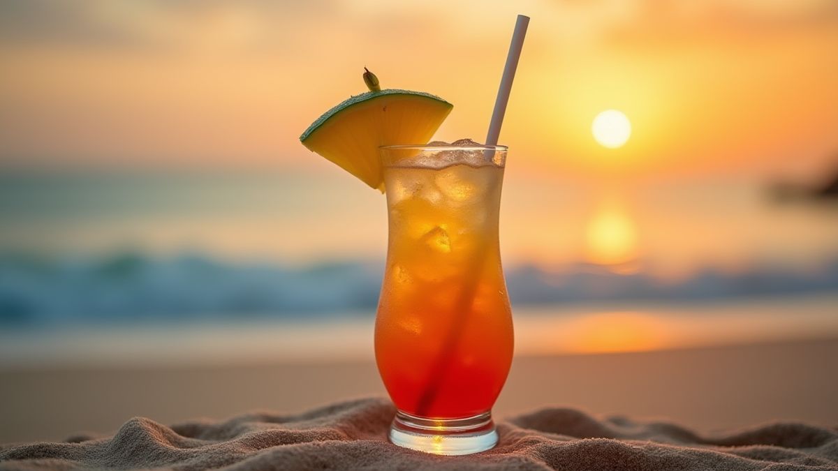 Tropische cocktail op een strand bij zonsondergang.