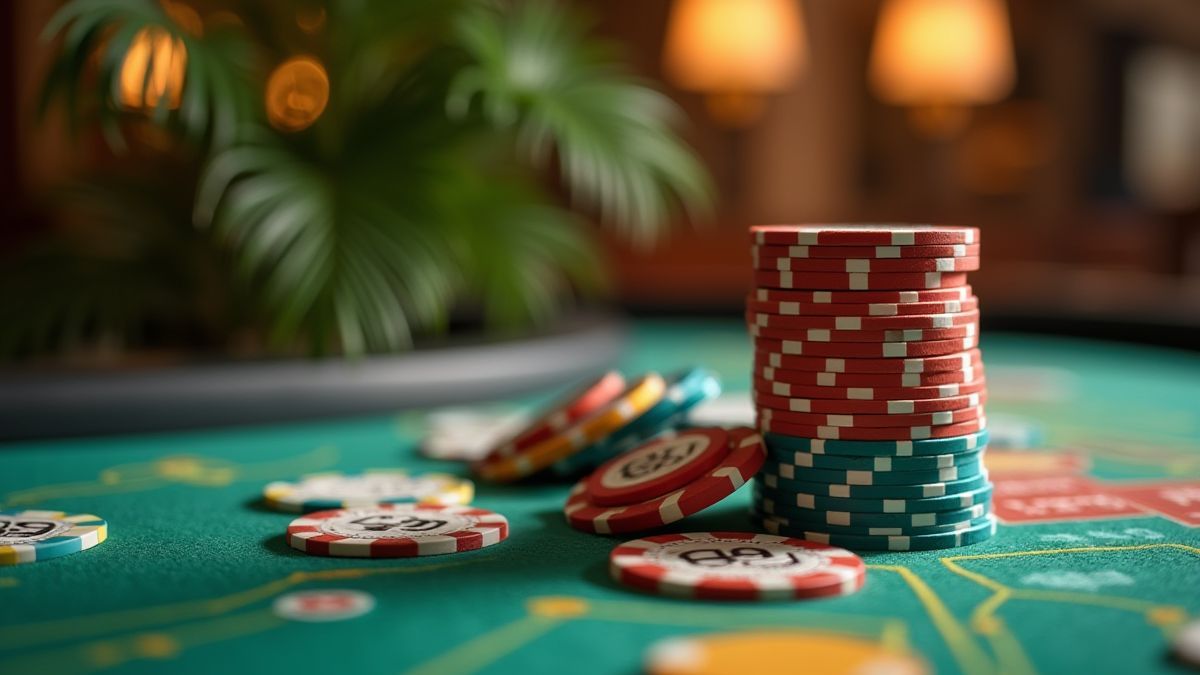 Casino fiches op een tafel met tropisch thema.