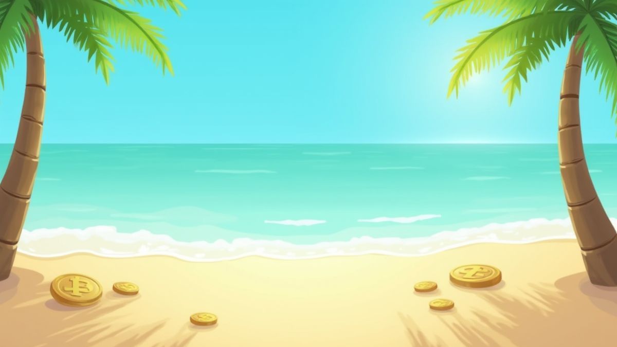 Praia tropical com moedas na areia.