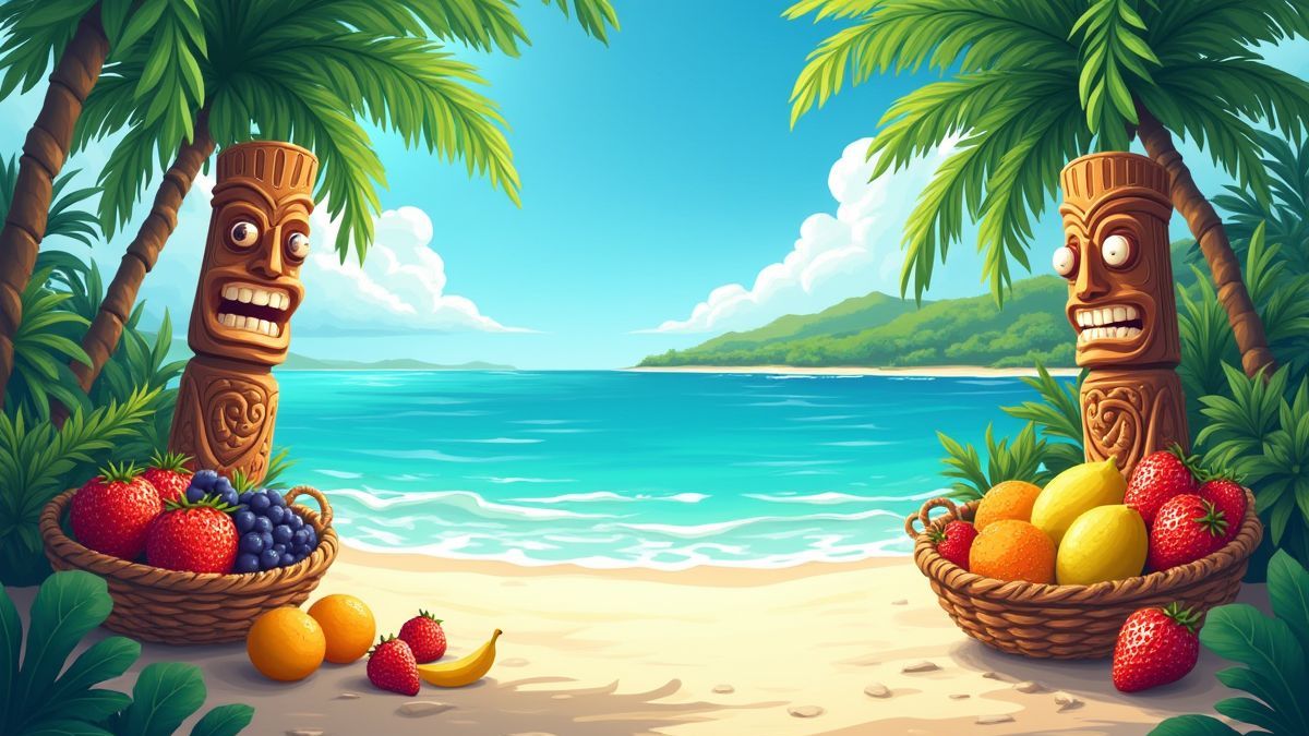 A vibrant tropical beach with tiki totems and fruit baskets.