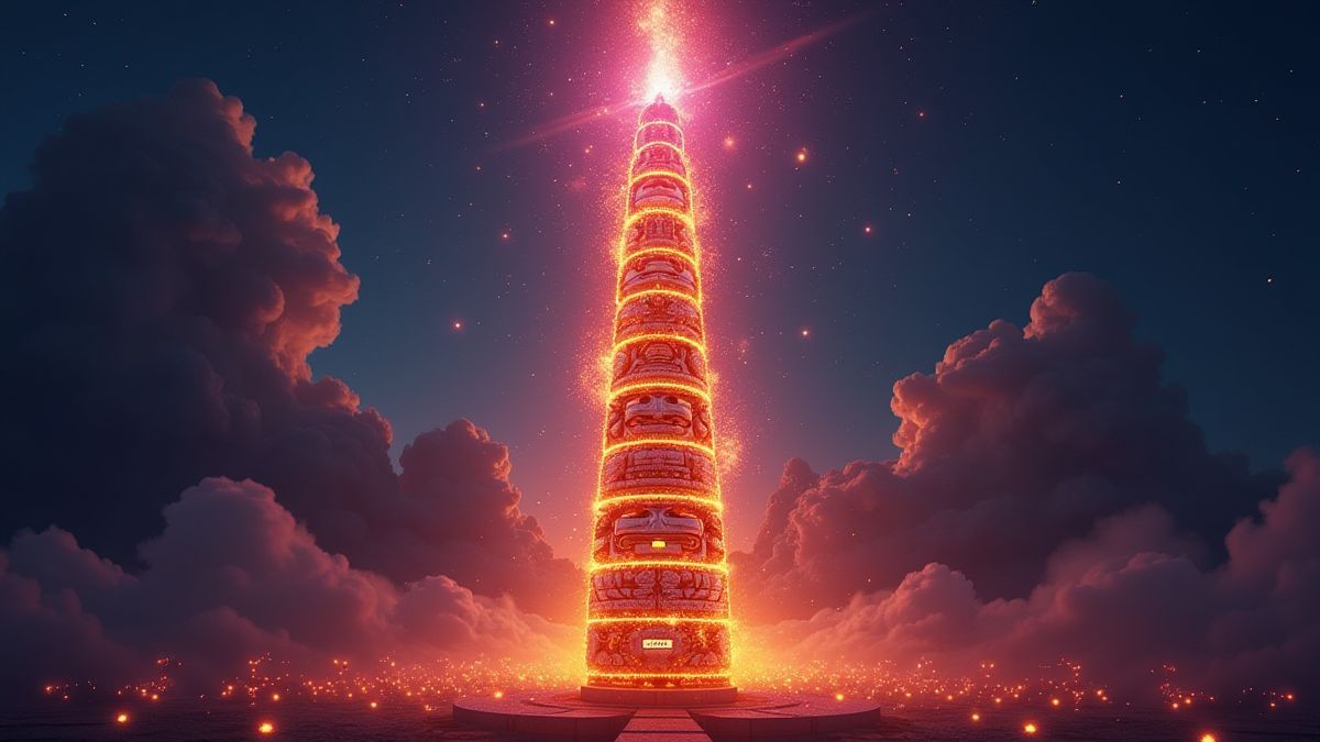 A dynamic totem pole glowing with vibrant energy and multipliers.