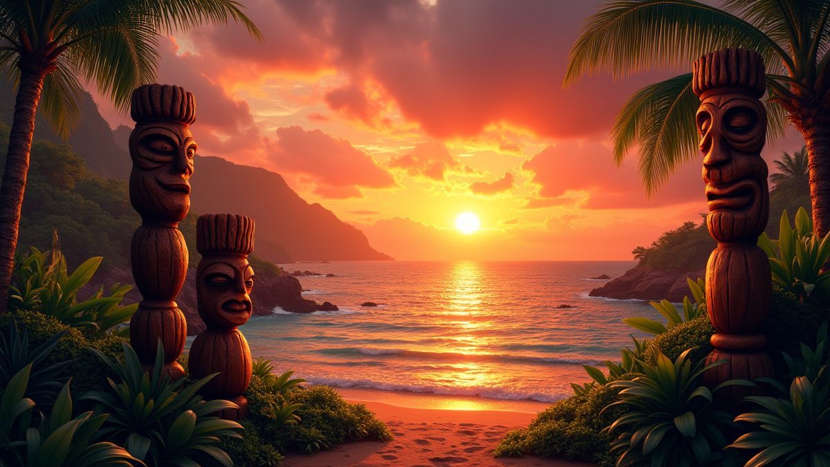 A picturesque Polynesian sunset with tiki totems and lush vegetation.