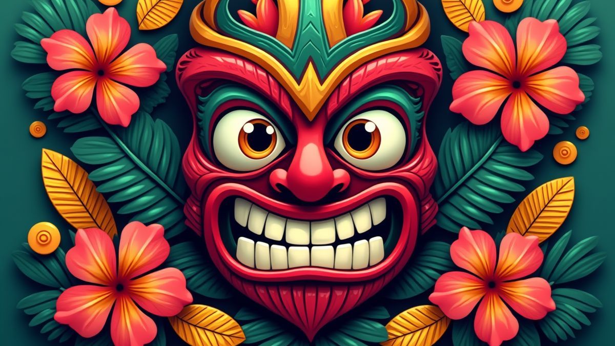 Máscara tiki vibrante rodeada de flores tropicales y monedas doradas.