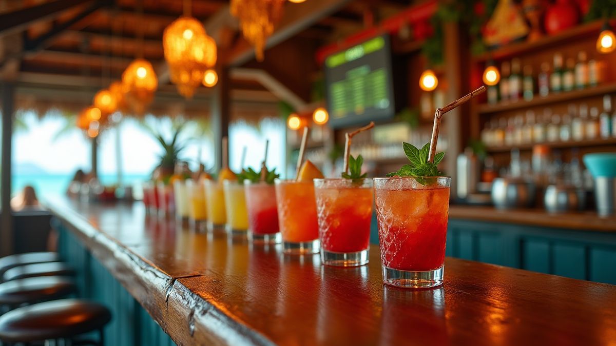 Bar tropical con cócteles coloridos y decoración tiki.