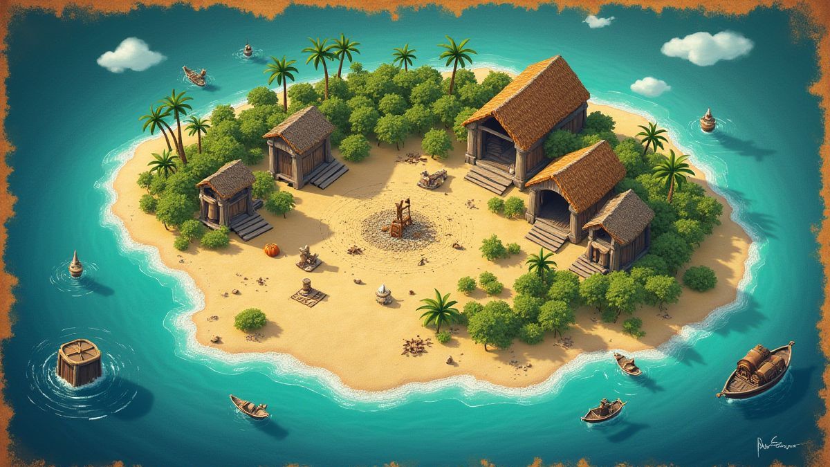 Mapa de búsqueda de tesoros en una isla tropical.