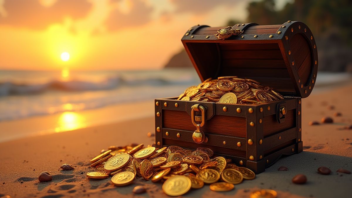 Treasure chest full of gold coins and jewels on a beach at sunset.