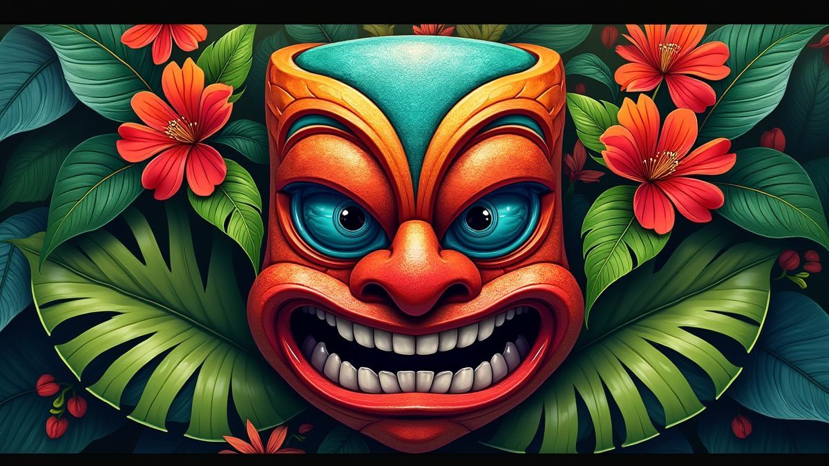 Máscara tiki polinesia rodeada de plantas tropicales.