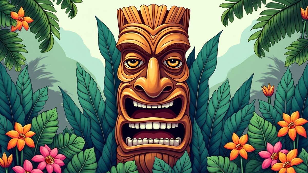Estatua tiki rodeada de plantas tropicales.