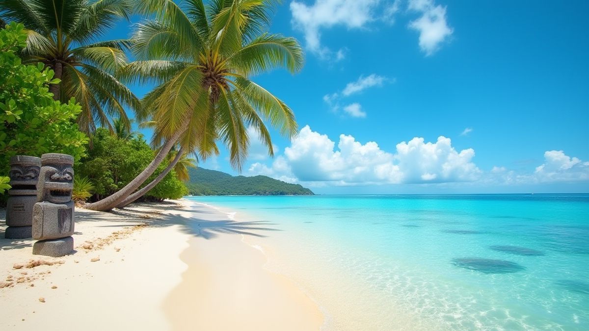 Playa tropical con agua cristalina y estatuas tiki.