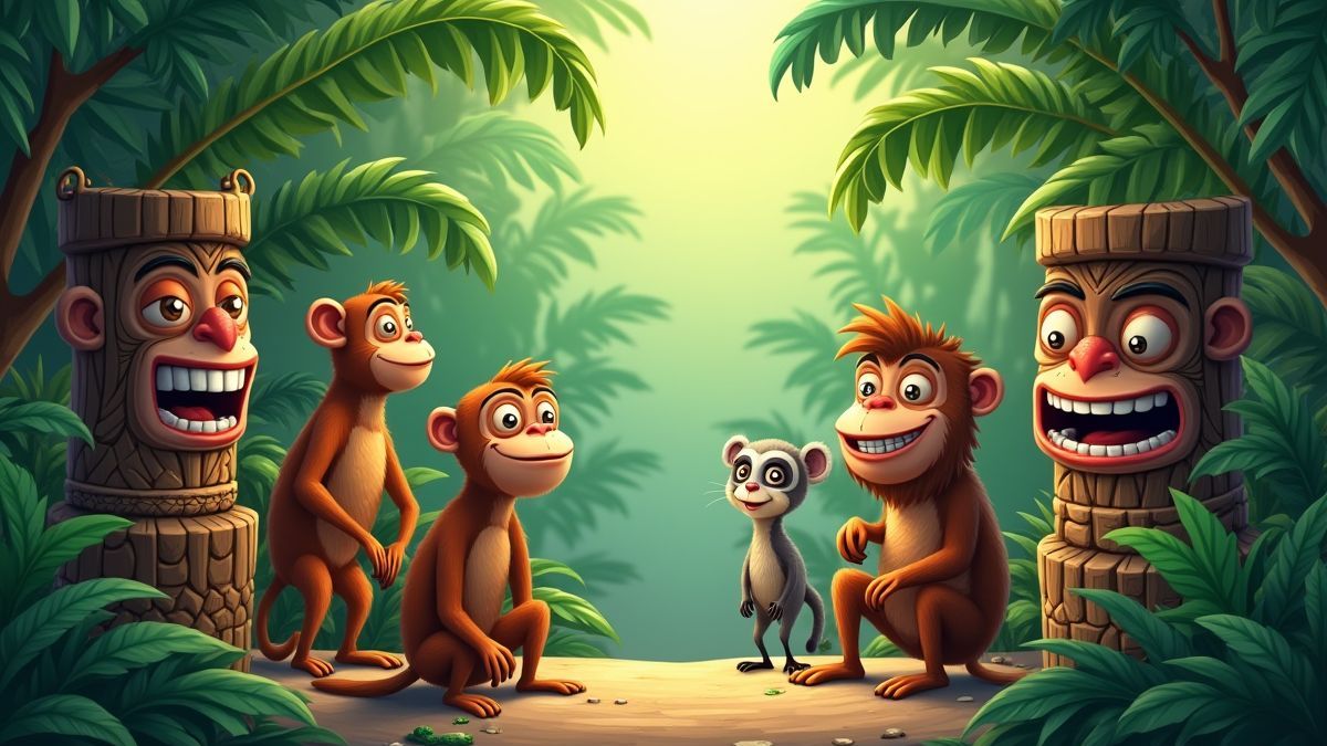 Una escena de jungla tropical con tótems tiki y animales animados.