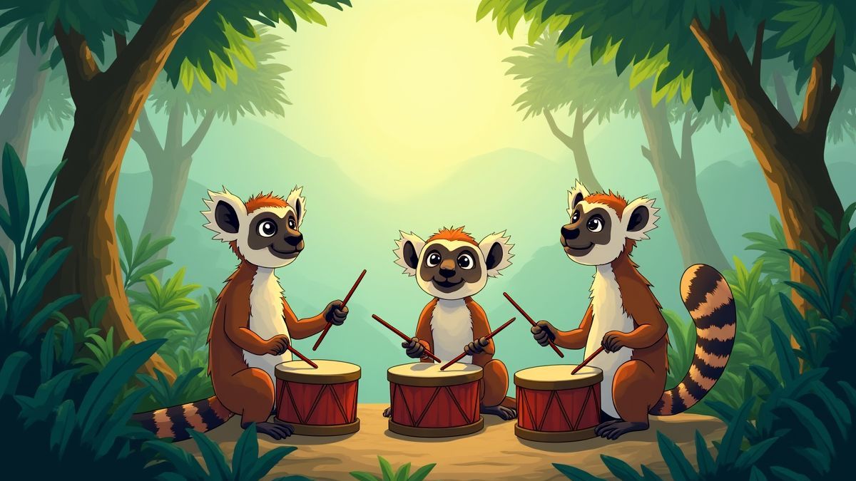 Lémures animados tocando tambores en una jungla tropical.