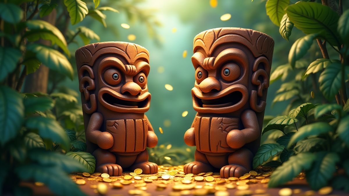 Estatuas tiki em uma jungla rodeadas de moedas douradas.