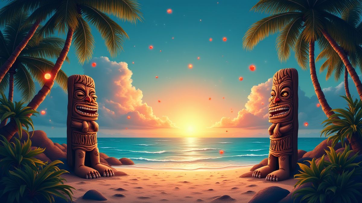 Cena de praia tropical com estatuas tiki e símbolos brilhantes.