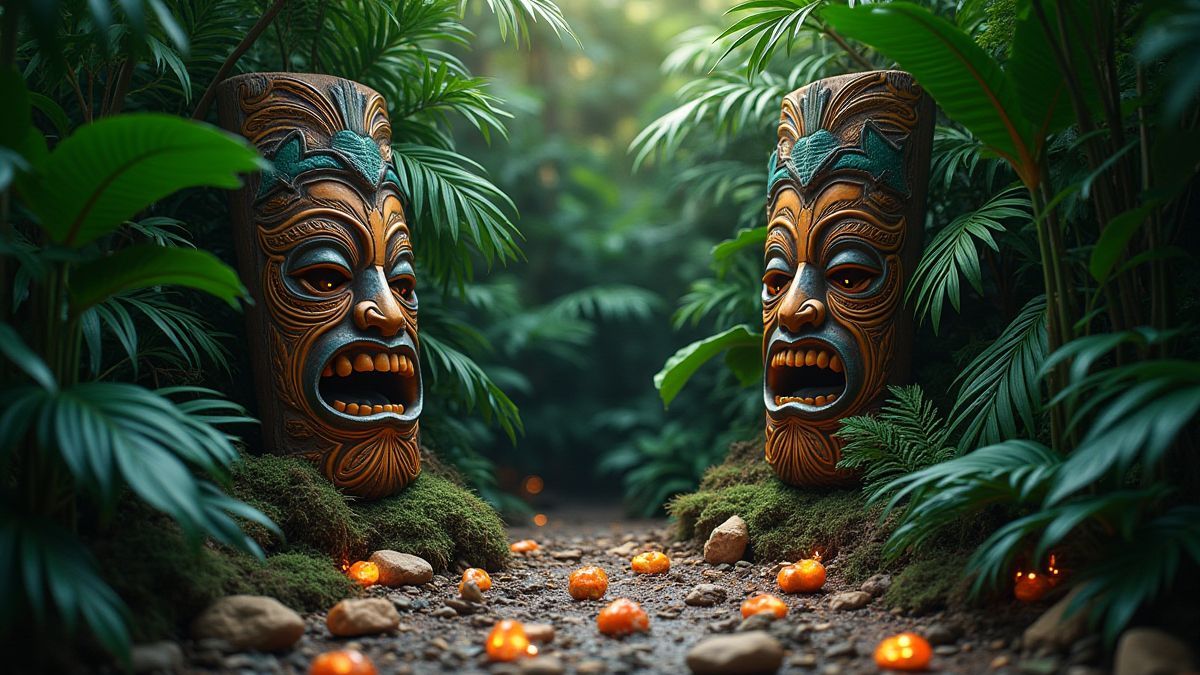 Una jungla tropical con máscaras tiki y gemas preciosas.