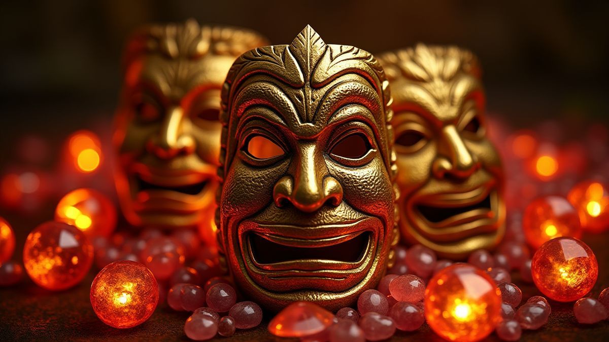 Máscaras tiki doradas rodeadas de gemas brillantes.