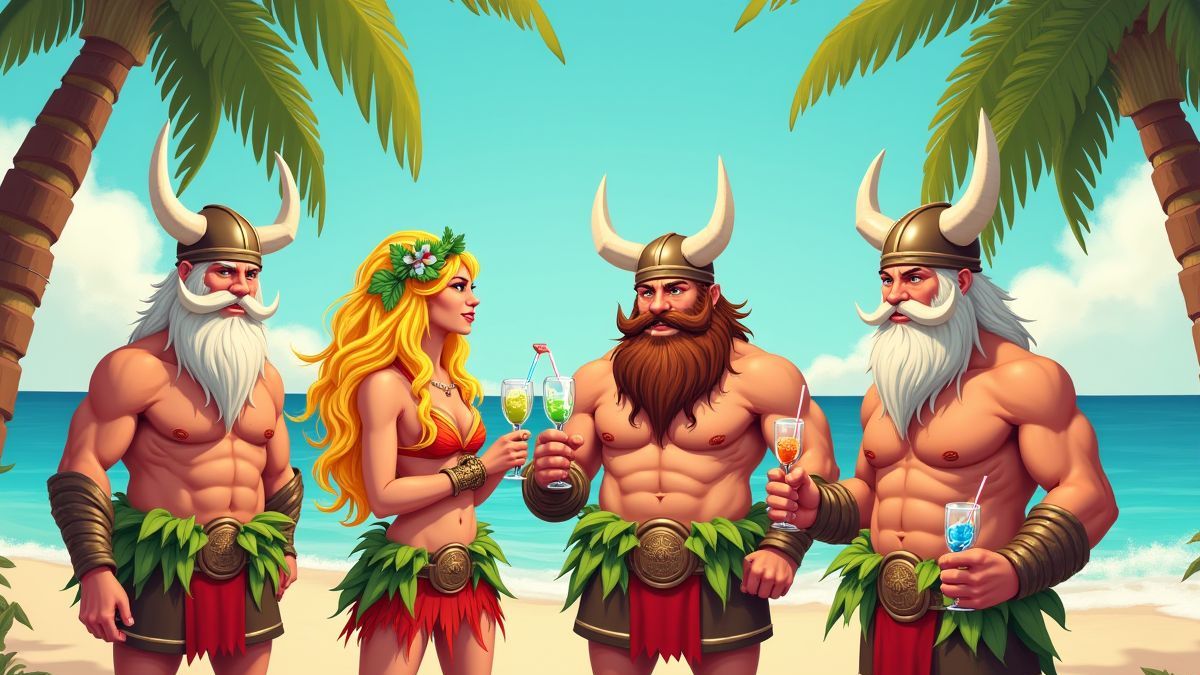 Vikings in tropical outfits drinking cocktails under the palm trees.