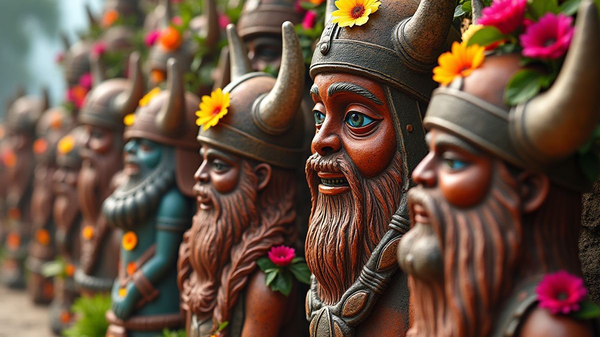 Viking helmet decorated with flowers next to tiki statues.