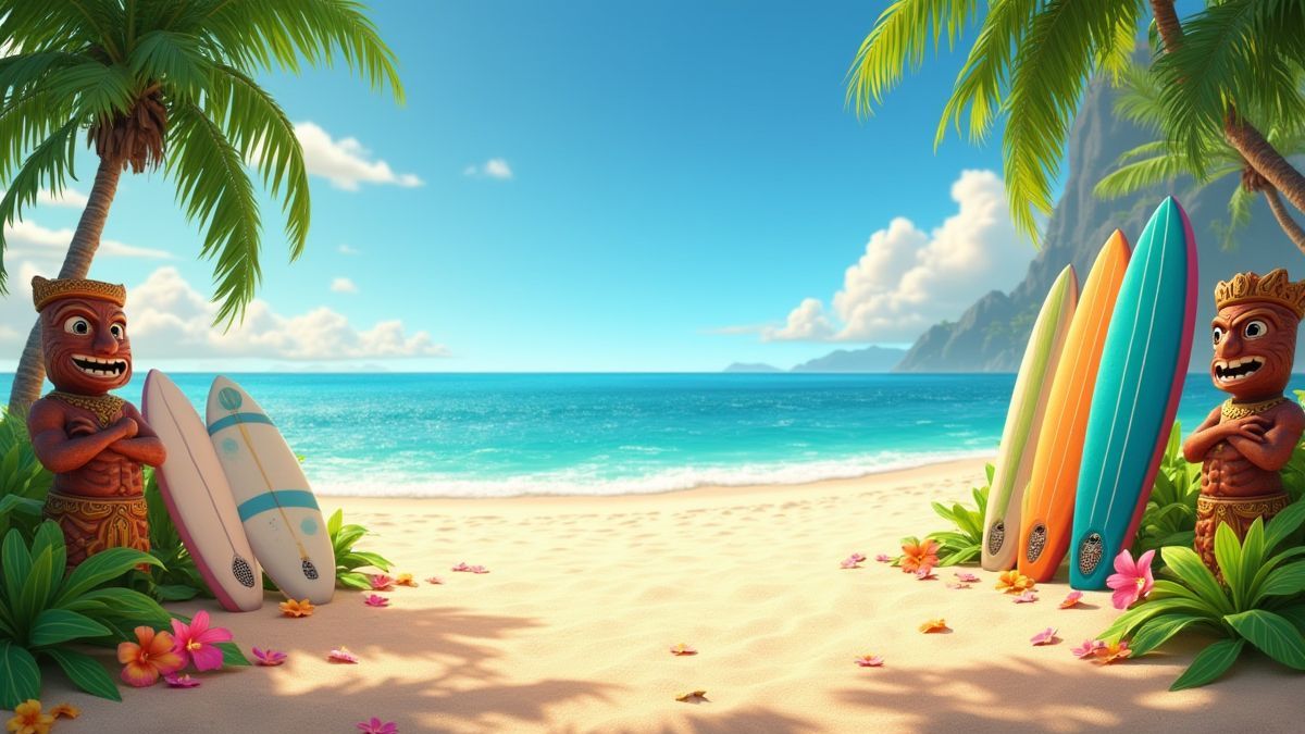 Hawaiian beach with tiki decorations and tropical flowers.