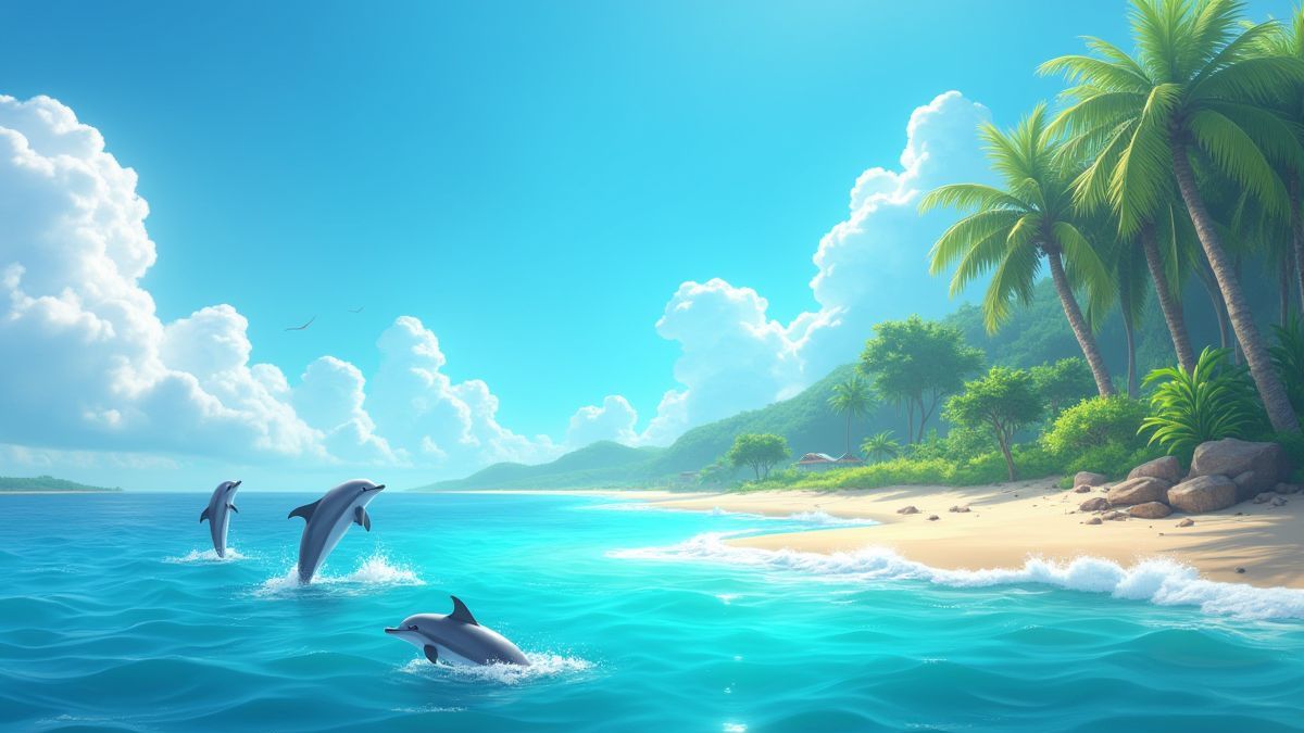 Animated dolphins on a tropical island.