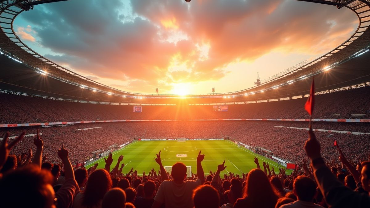 Estádio de futebol ao atardecer com fãs acenando bandeiras.