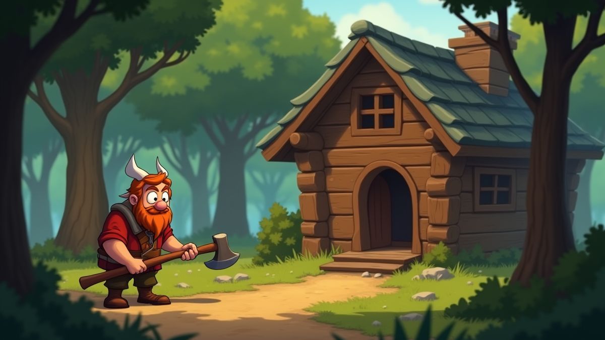 Um castor animado segurando um machado perto de uma cabana na floresta.