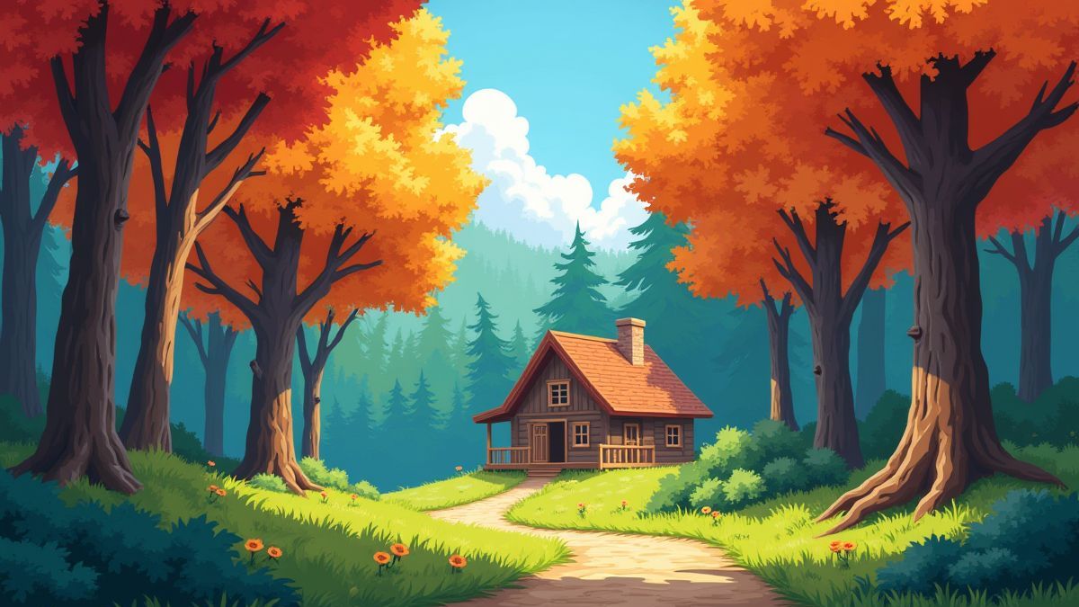 Cena animada de um bosque com árvores e uma cabana.