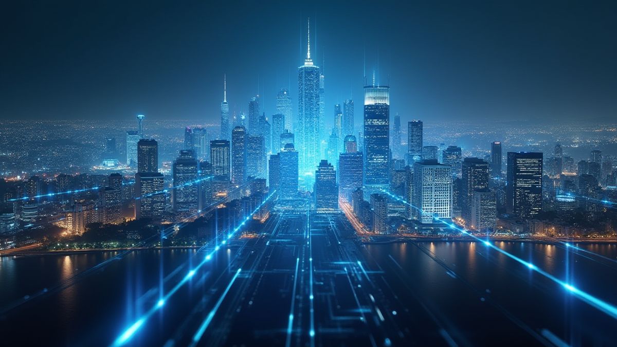 Ciudad futurista con elementos holográficos brillantes.