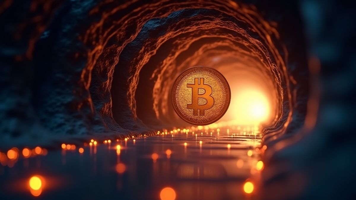 Moneda brillante volando por un túnel futurista.