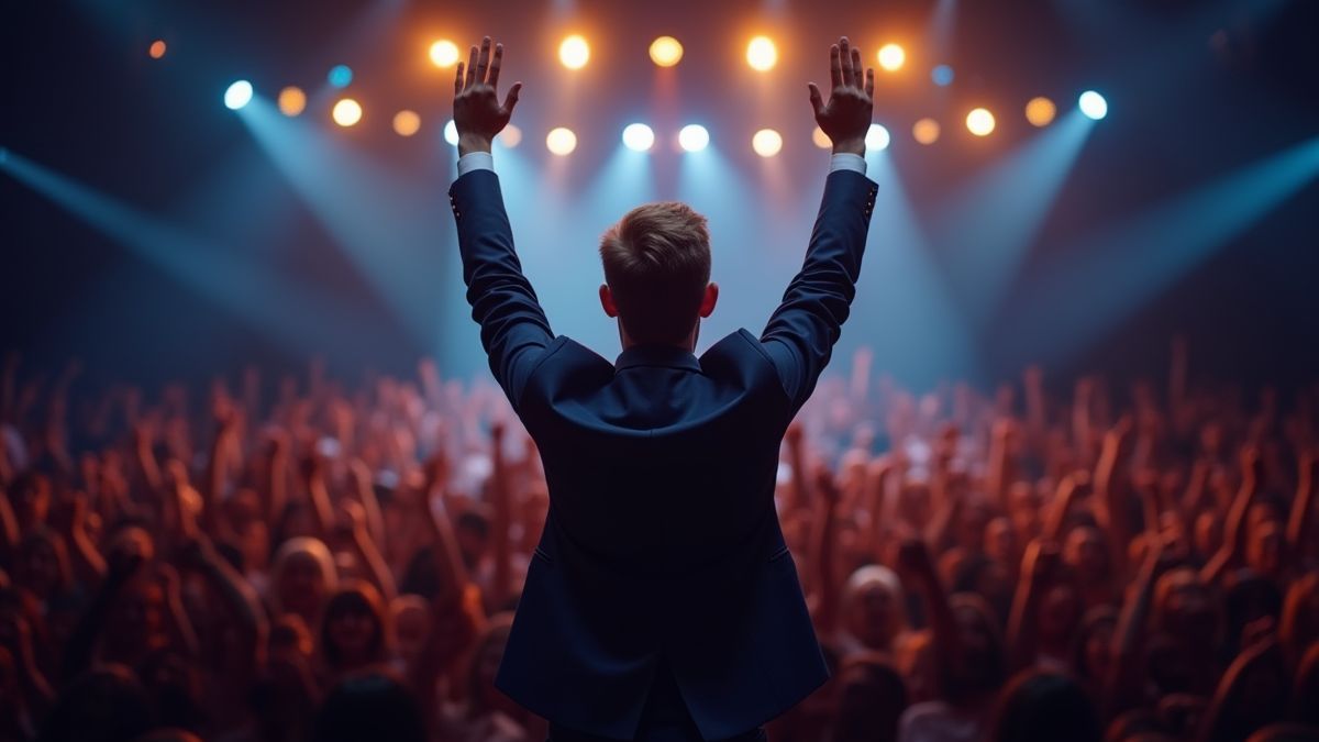 Anfitrião carismático em um programa de TV com luzes brilhantes e público animado.