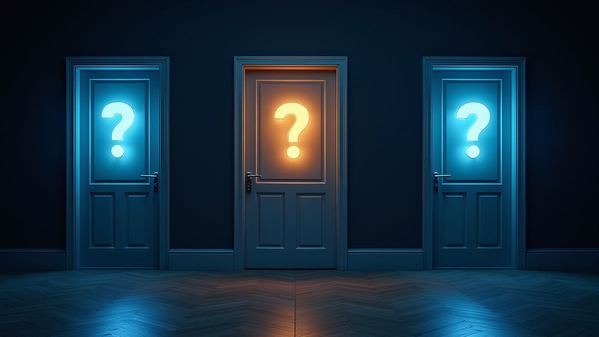 Três portas misteriosas com luzes brilhantes e prêmios escondidos.