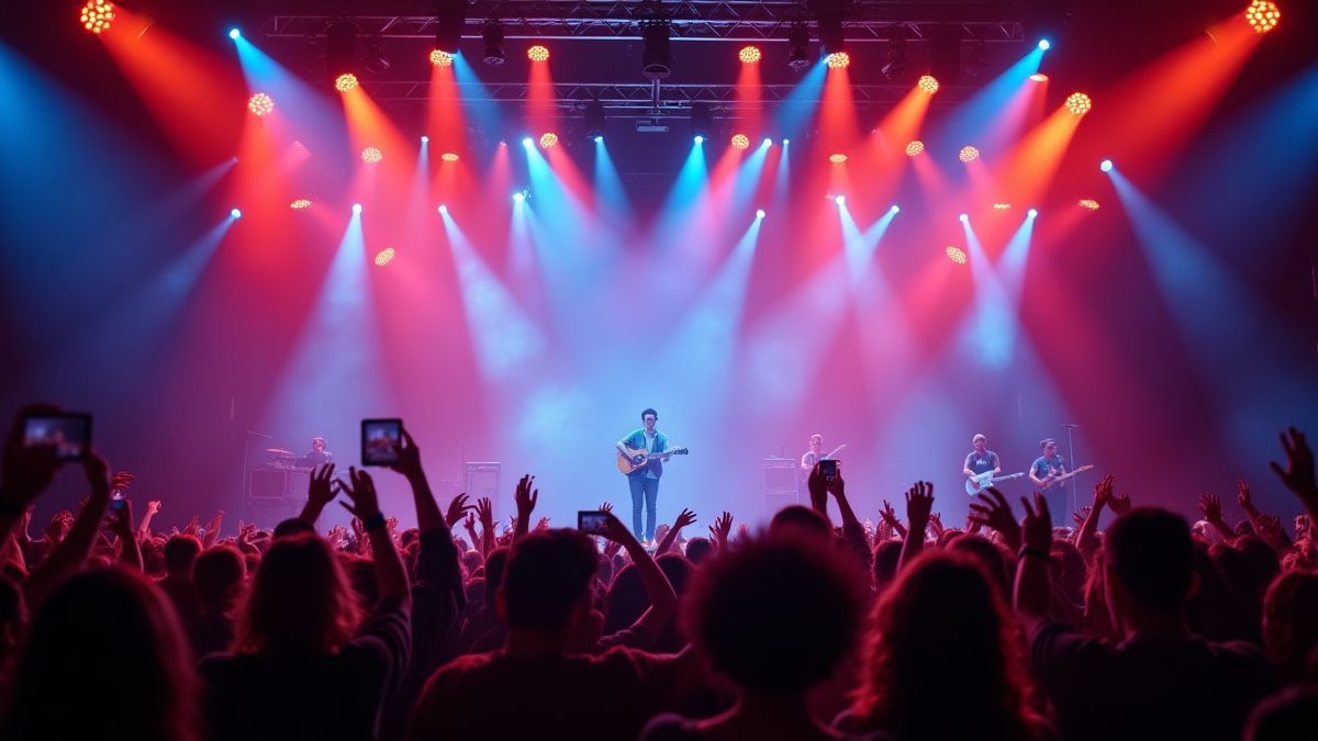 Cenário de TV colorido com luzes brilhantes e público animado.