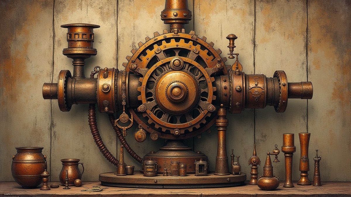 Steampunk gear system accompanied by historical artifacts.