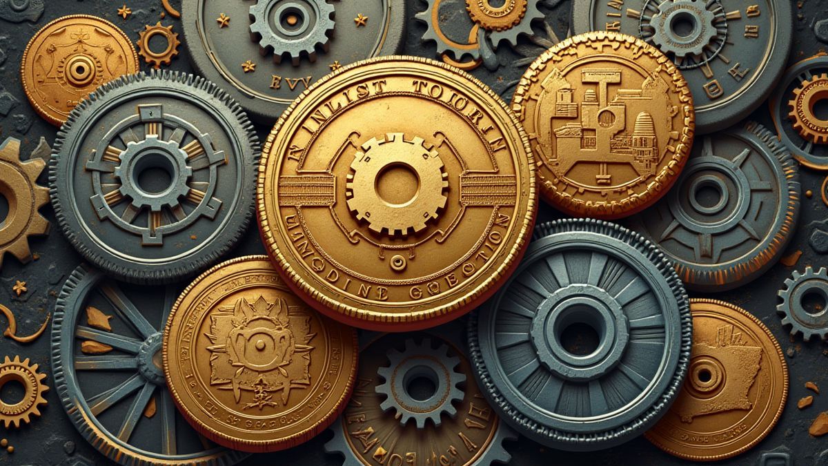 Coins and gears in a futuristic and historical mix.