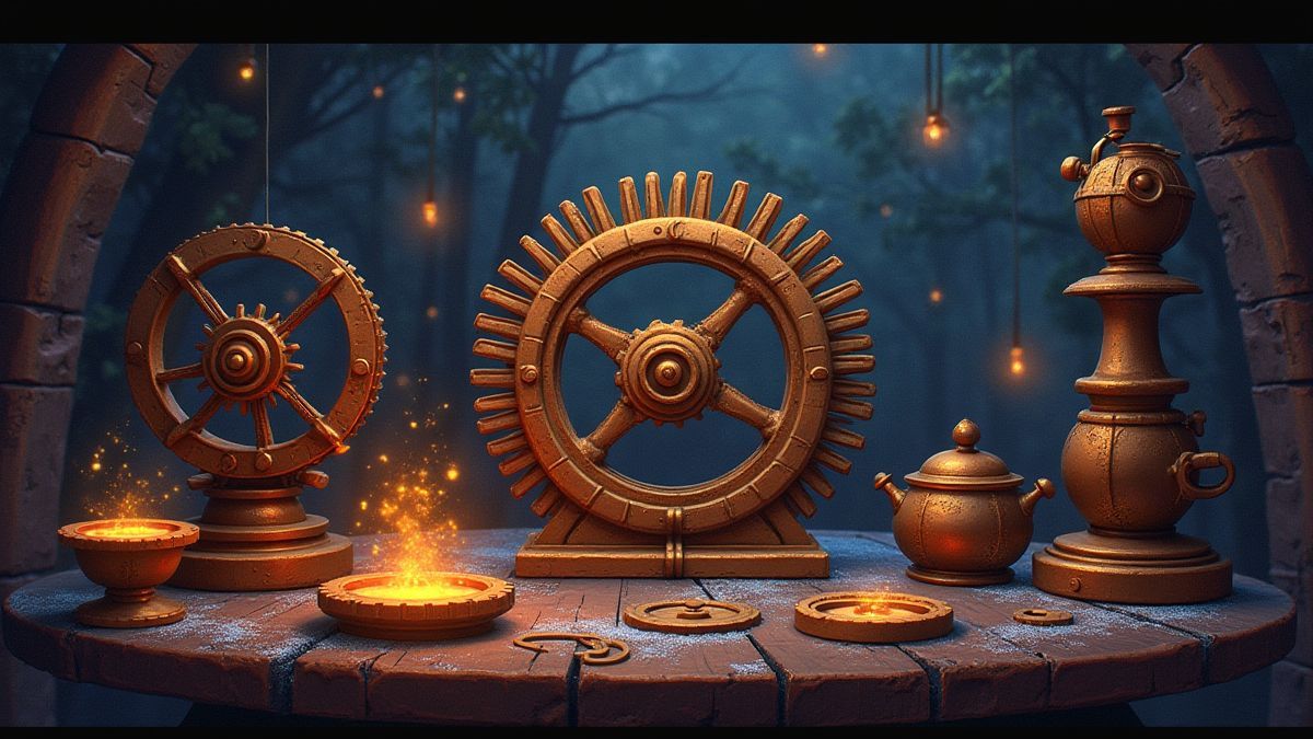 Engranagens e objetos steampunk da era vitoriana em um ambiente mágico.