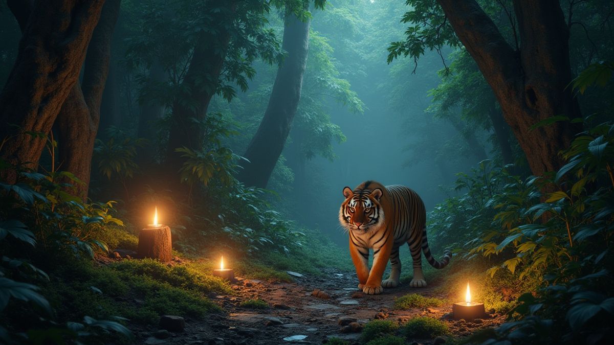 Um ambiente pré-histórico com artefatos antigos e um tigre aventureiro.