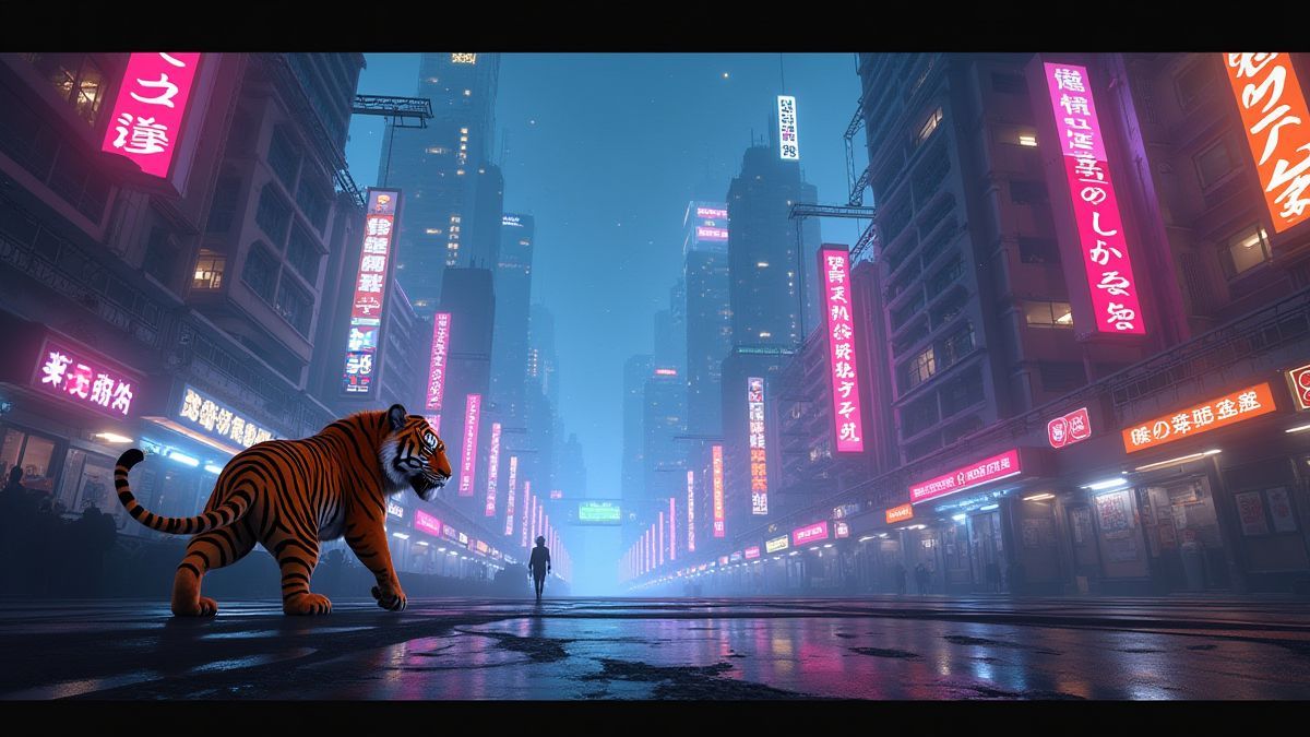 Uma paisagem futurista com luzes de néon brilhantes e um tigre explorador.