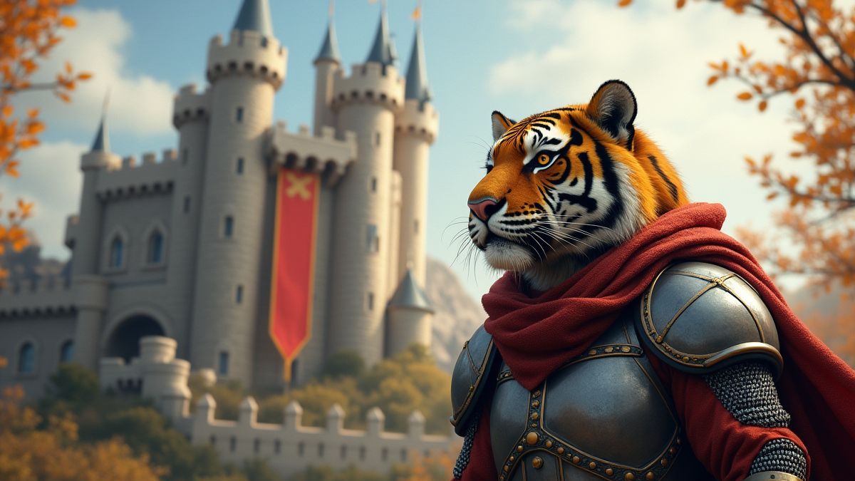 Um castelo medieval com o tigre vestido como cavaleiro.