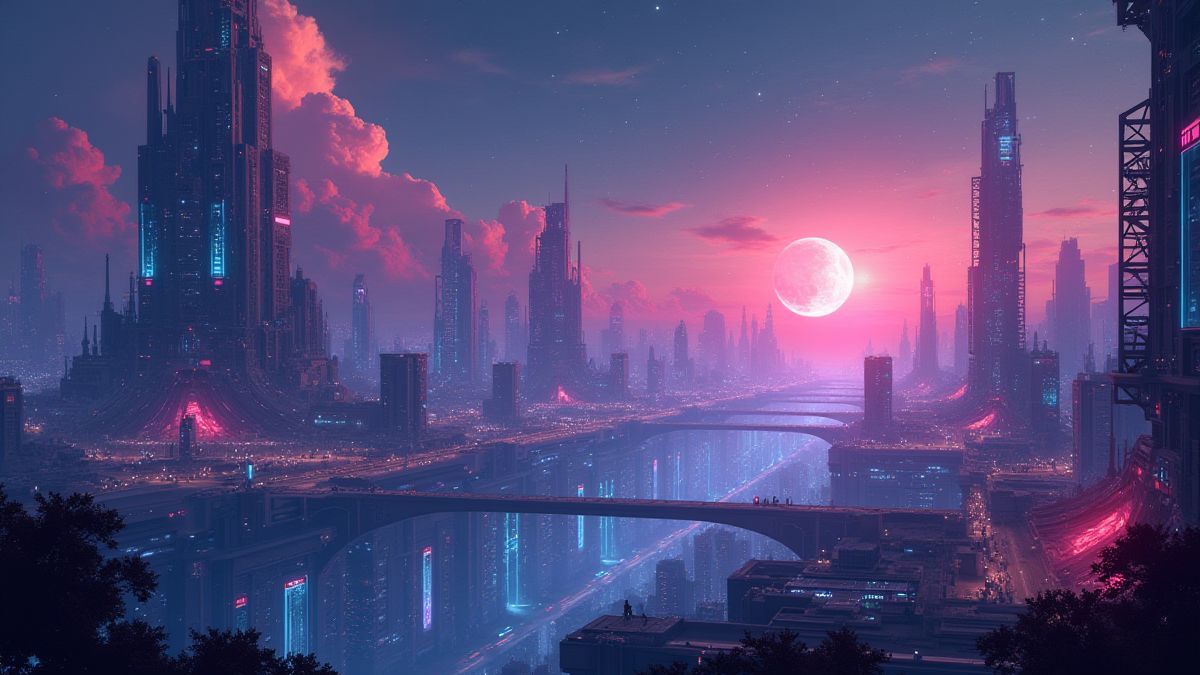 Uma cidade futurista com hologramas brilhantes e ambiente cósmico.