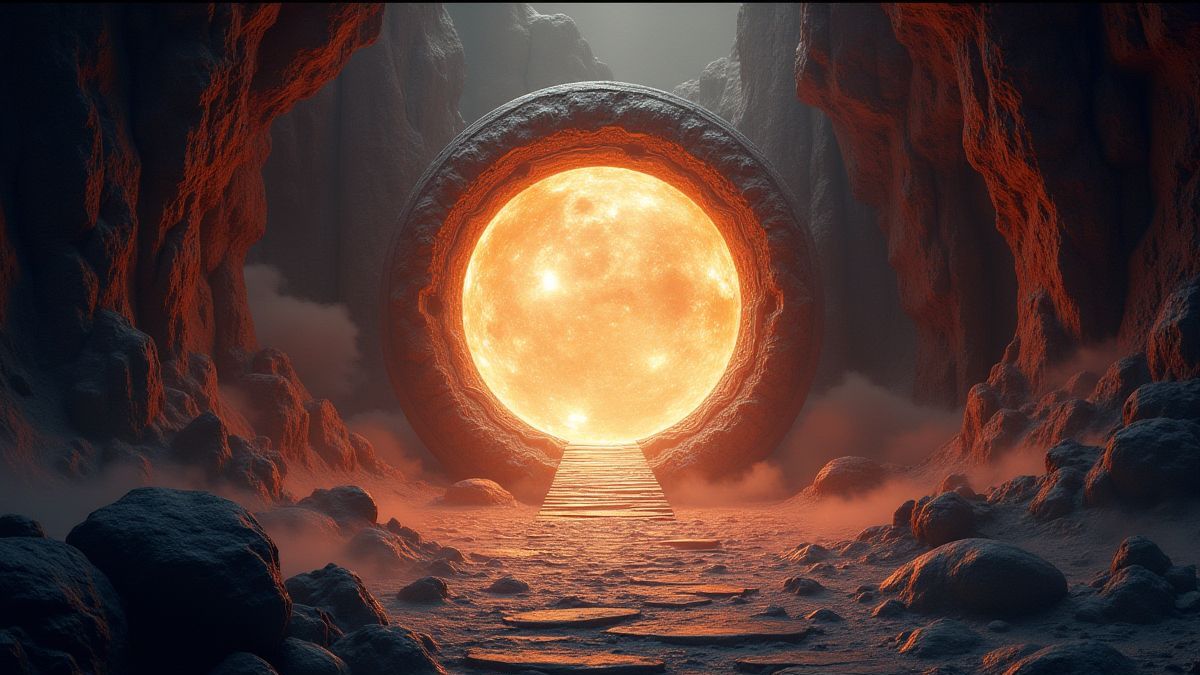 Um portal de tempo brilhante rodeado de elementos antigos e futuristas.