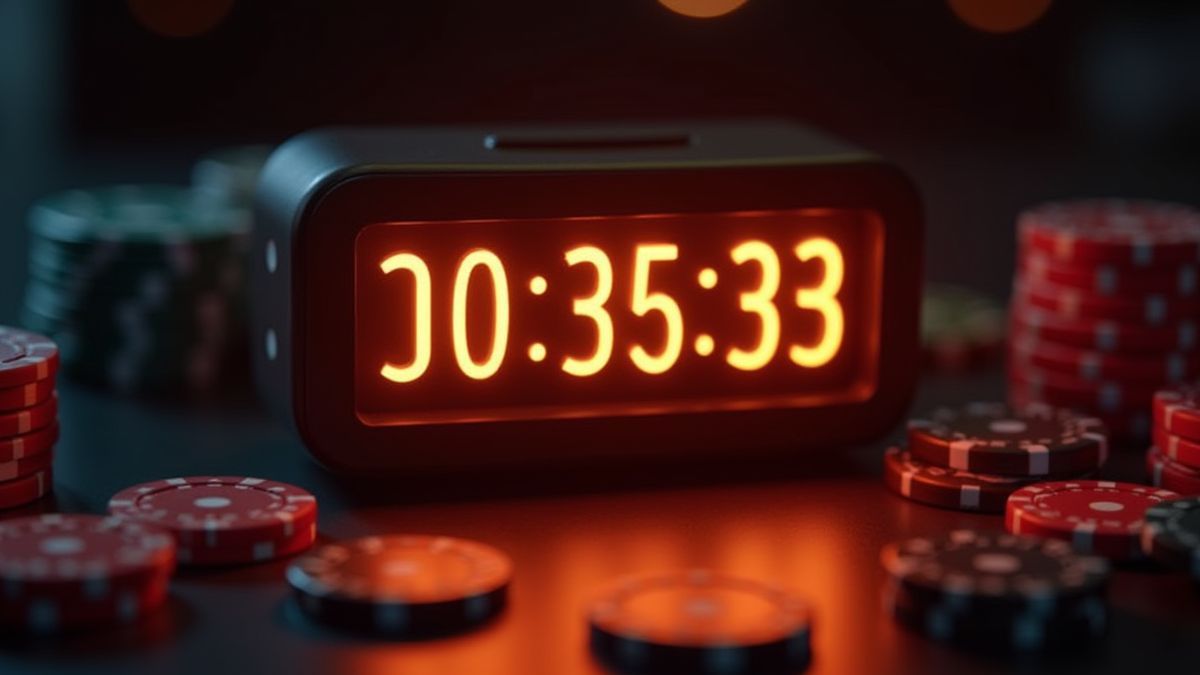 Stralende timer omringd door casino fiches en dobbelstenen.