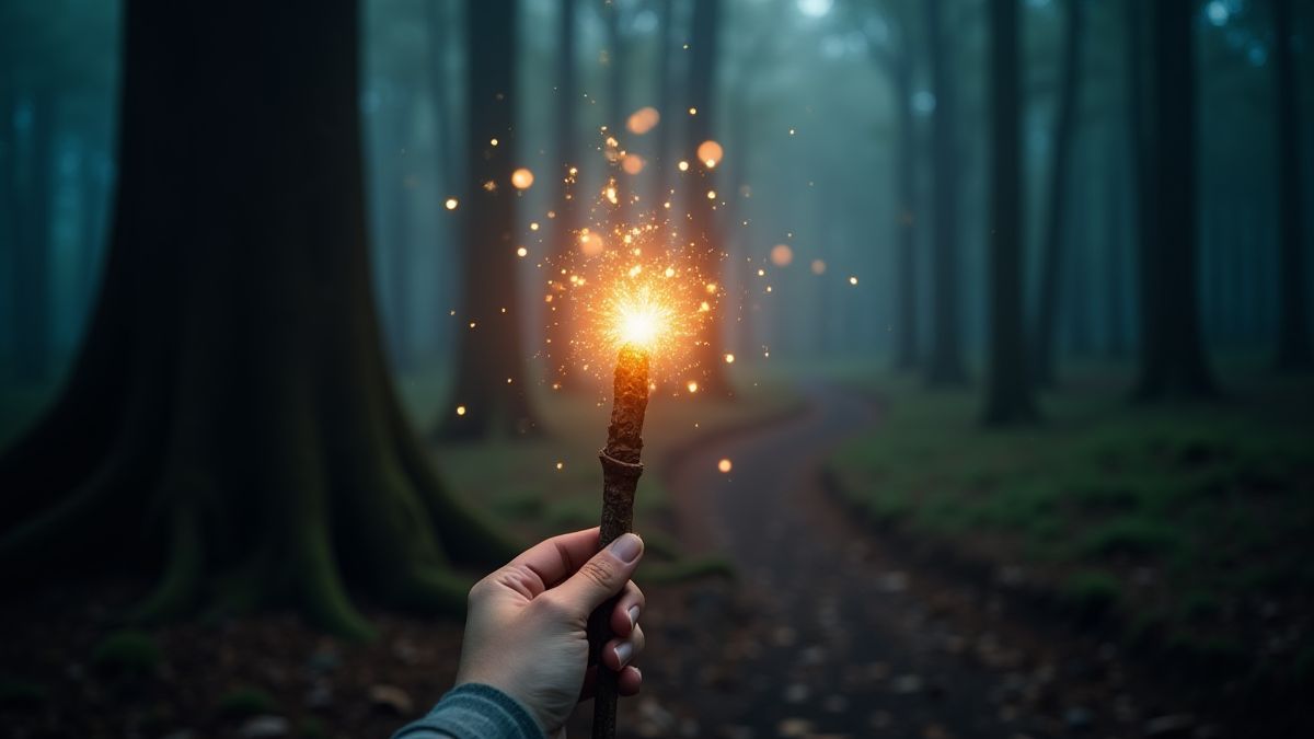 A shining magical wand in a mystical forest.