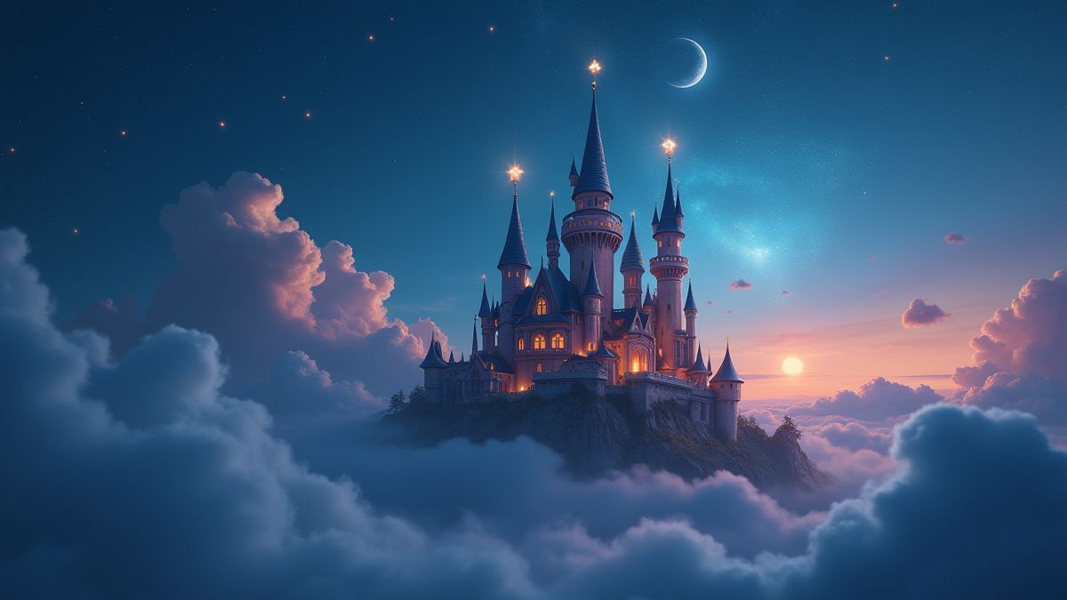 A fantasy castle surrounded by clouds and bright stars.